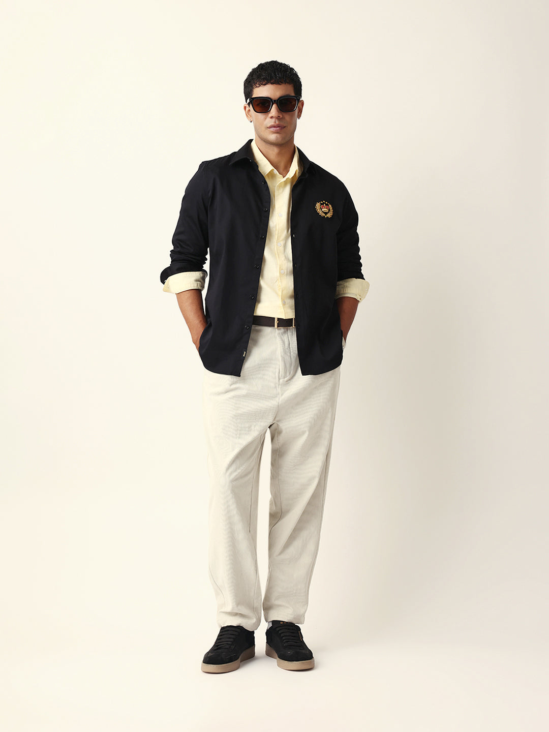 Black Tailored Fit Crest Emblem Embroidered Formal Party Wear Shirt