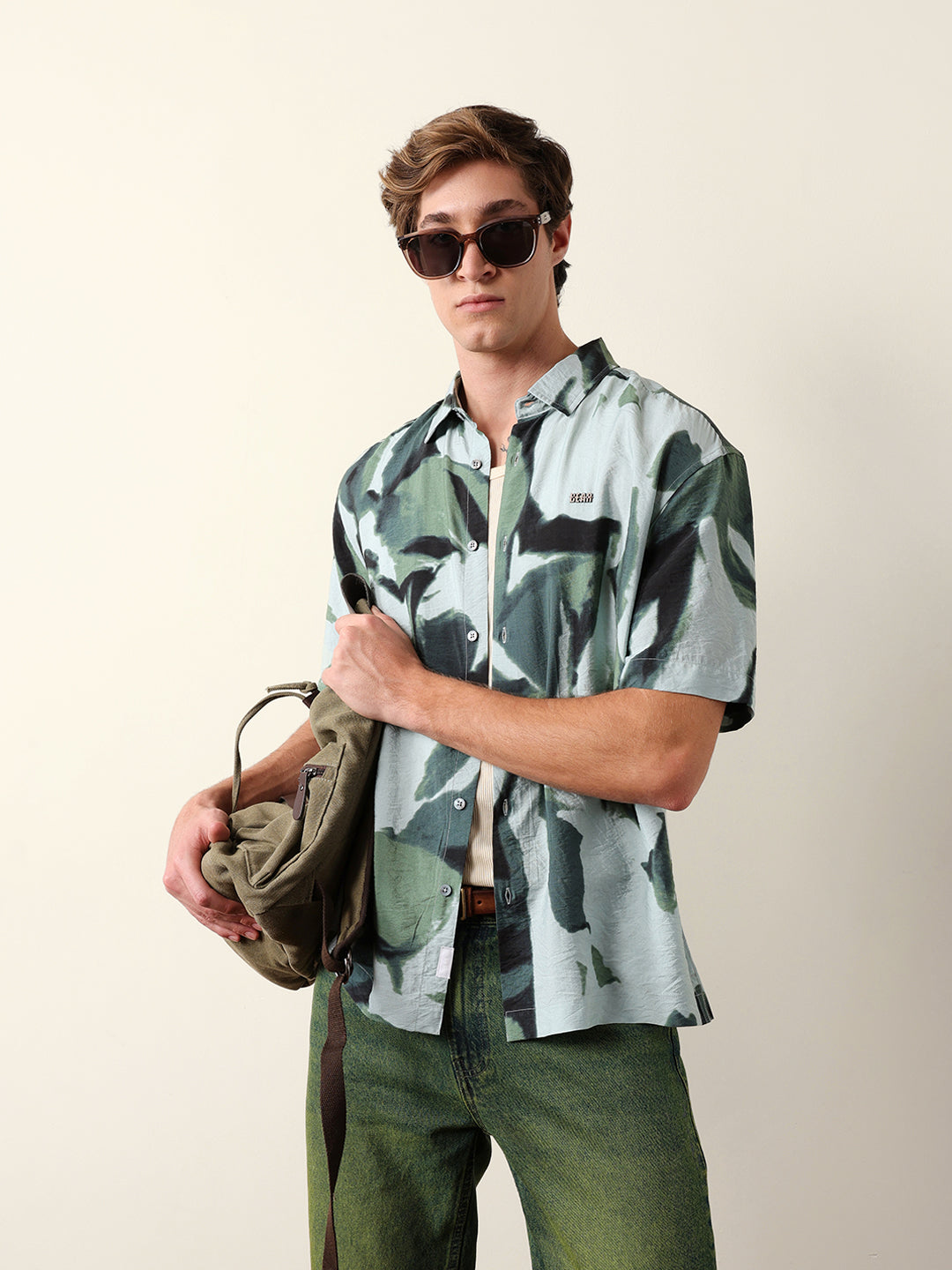 Green Abstract Watercolor Brushstroke Print Oversized Fit Casual Shirt