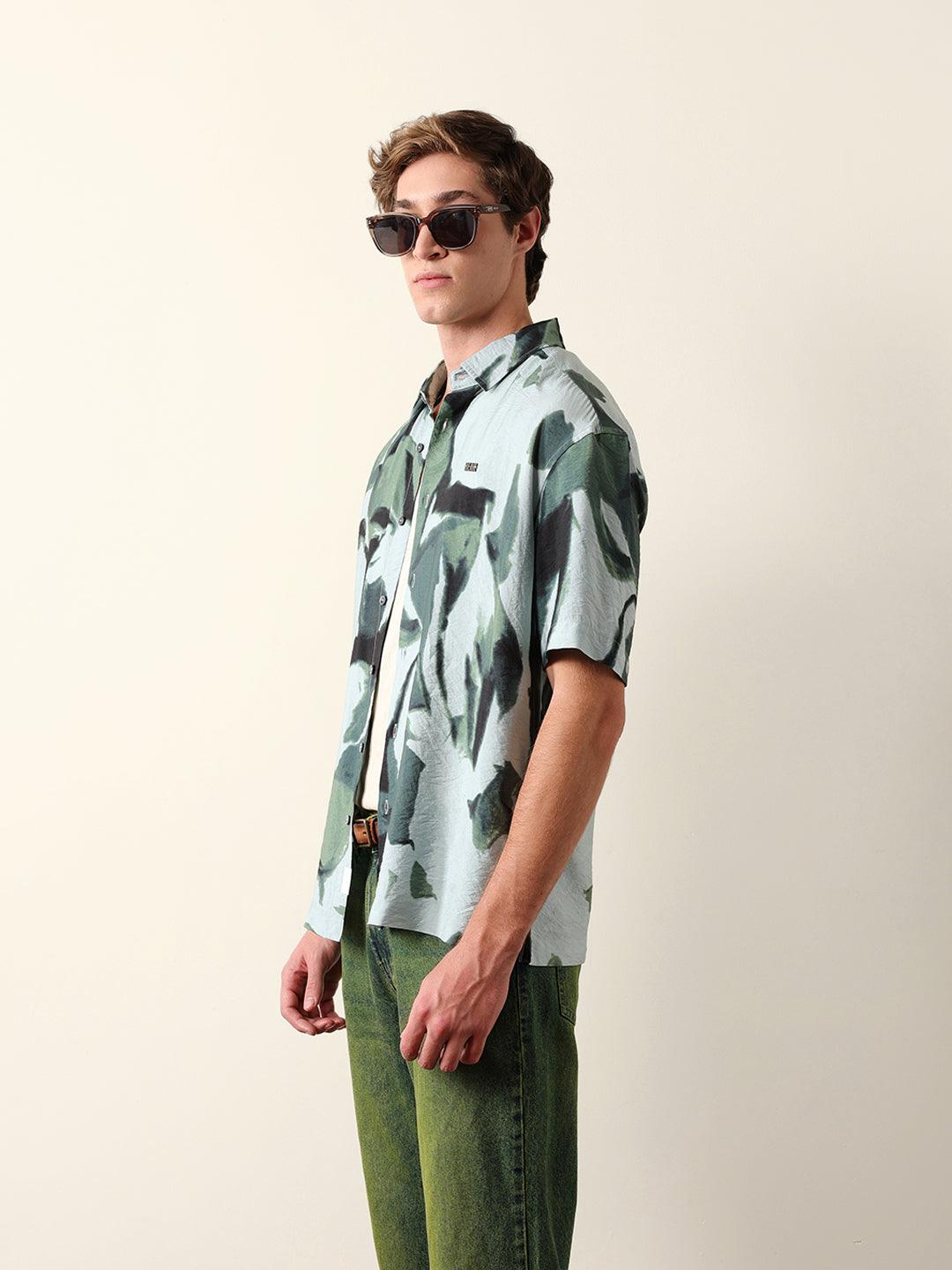 Green Abstract Watercolor Brushstroke Print Oversized Fit Casual Shirt
