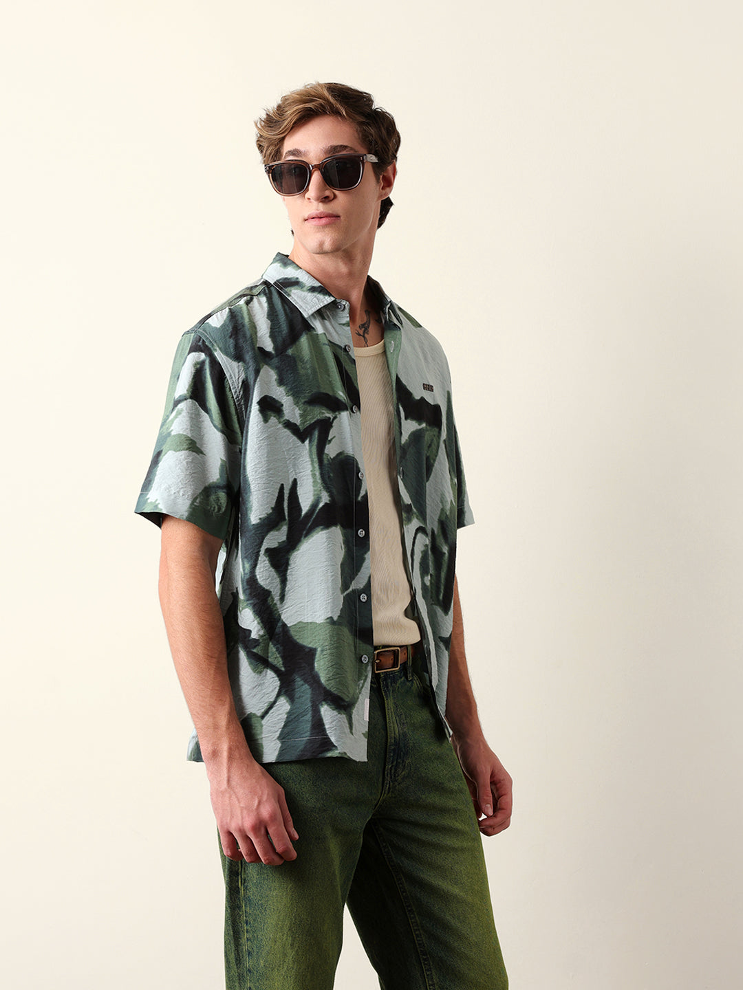 Green Abstract Watercolor Brushstroke Print Oversized Fit Casual Shirt