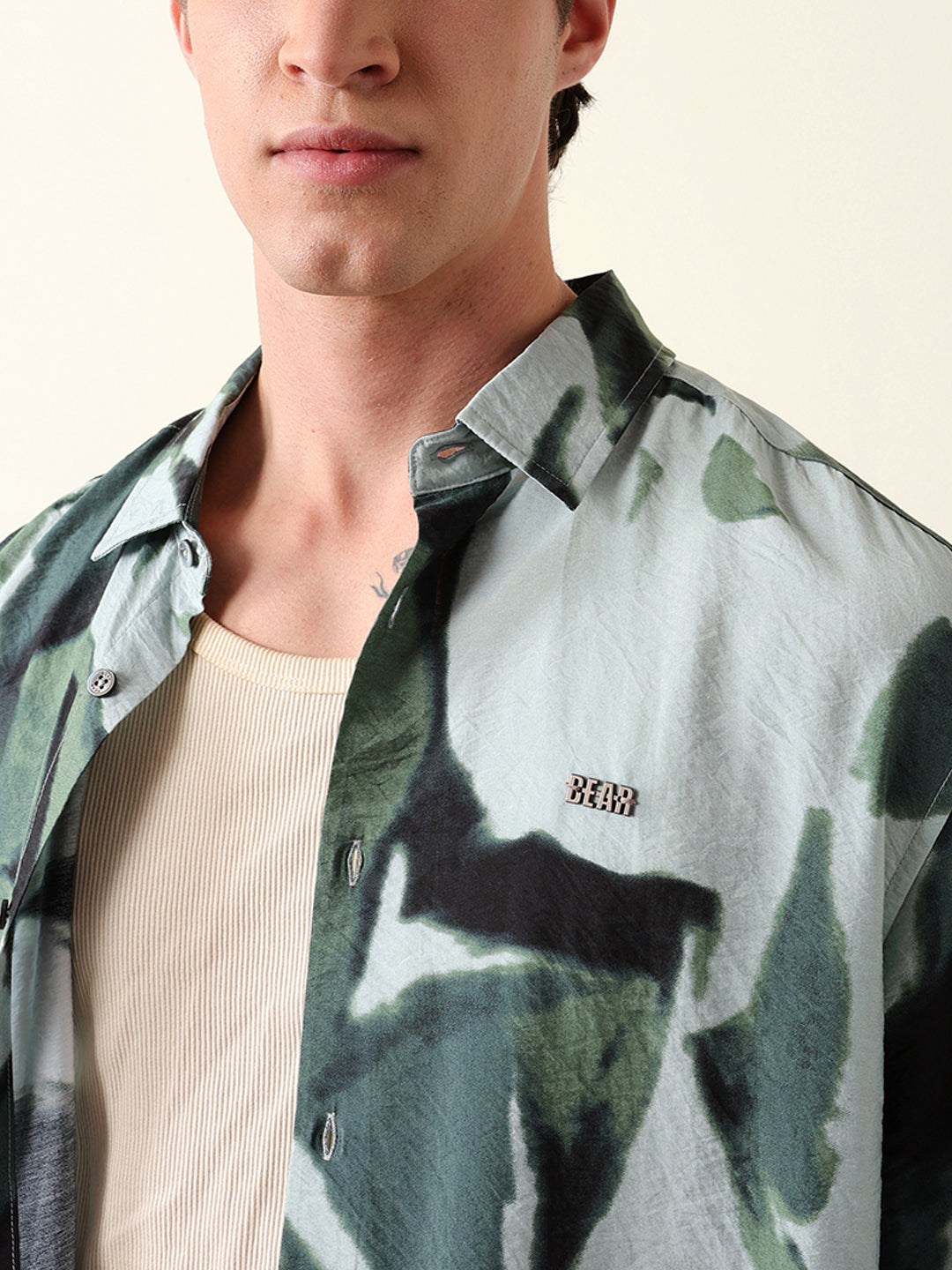 Green Abstract Watercolor Brushstroke Print Oversized Fit Casual Shirt
