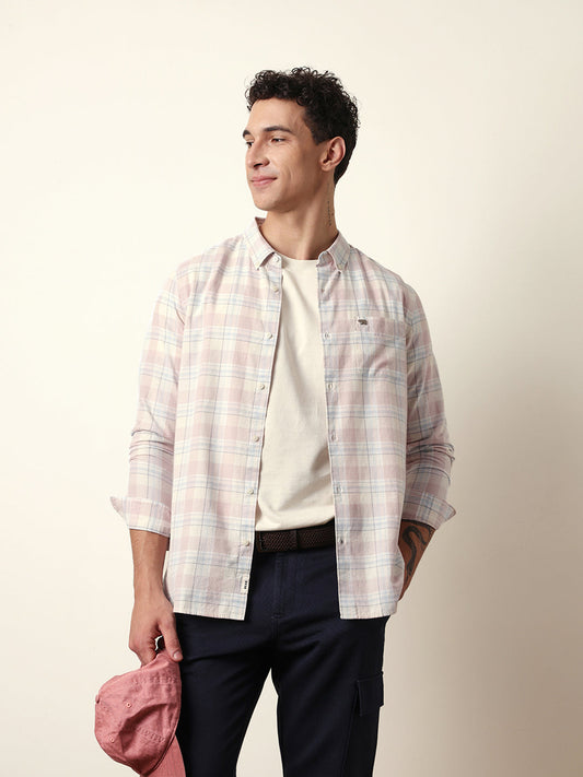 Pink with White Woven Tartan Checked Slim Fit Casual Shirt