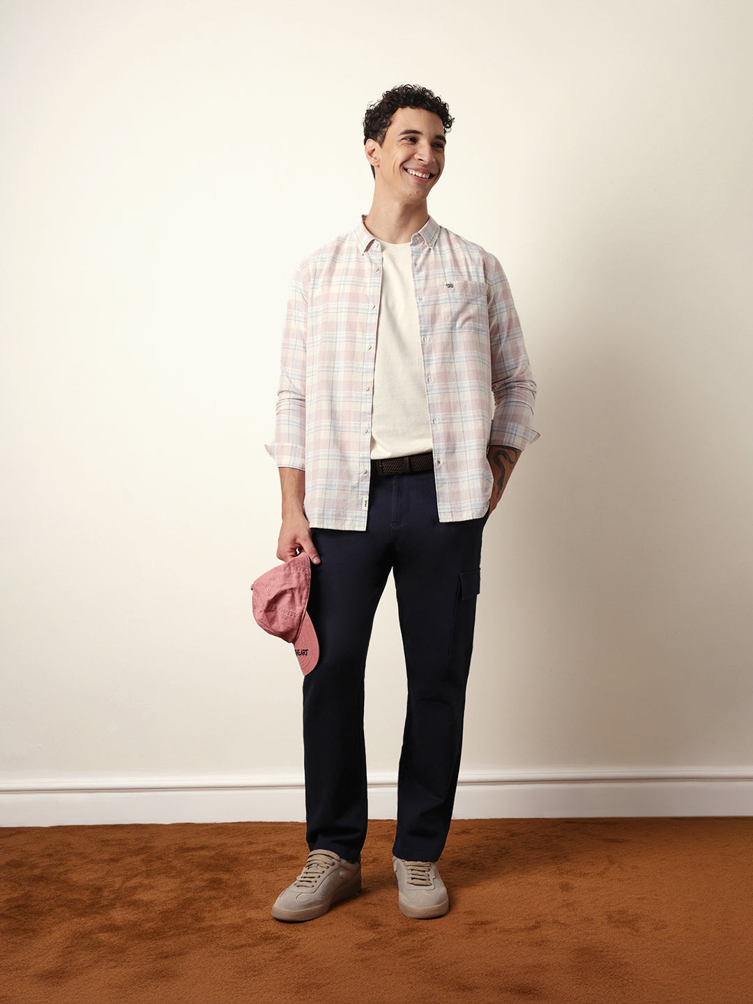 Pink with White Woven Tartan Checked Slim Fit Casual Shirt