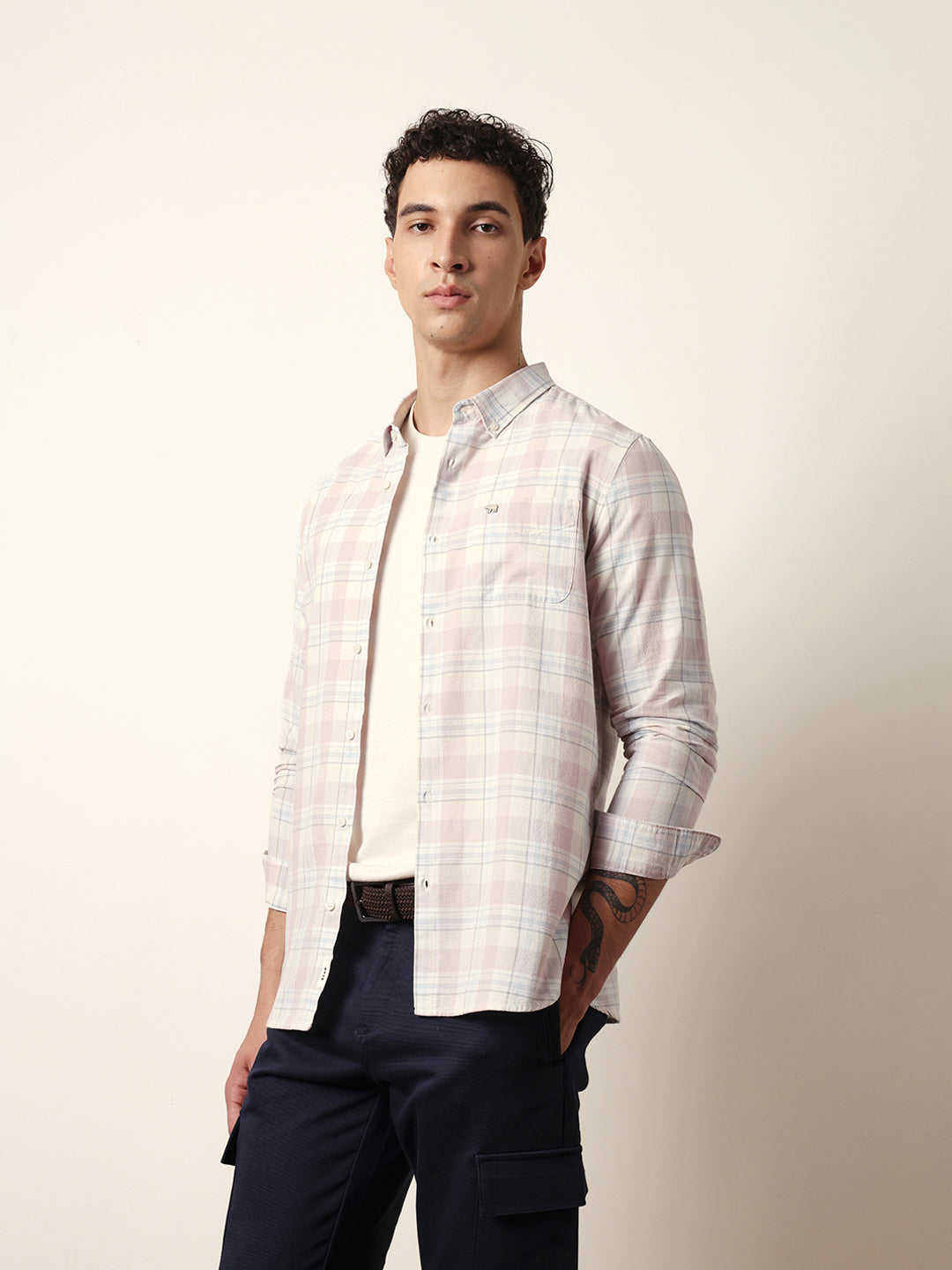 Pink with White Woven Tartan Checked Slim Fit Casual Shirt