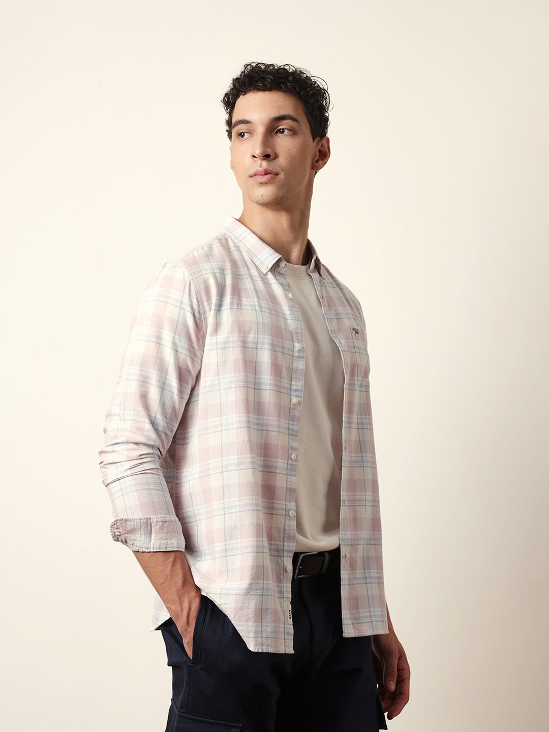 Pink with White Woven Tartan Checked Slim Fit Casual Shirt