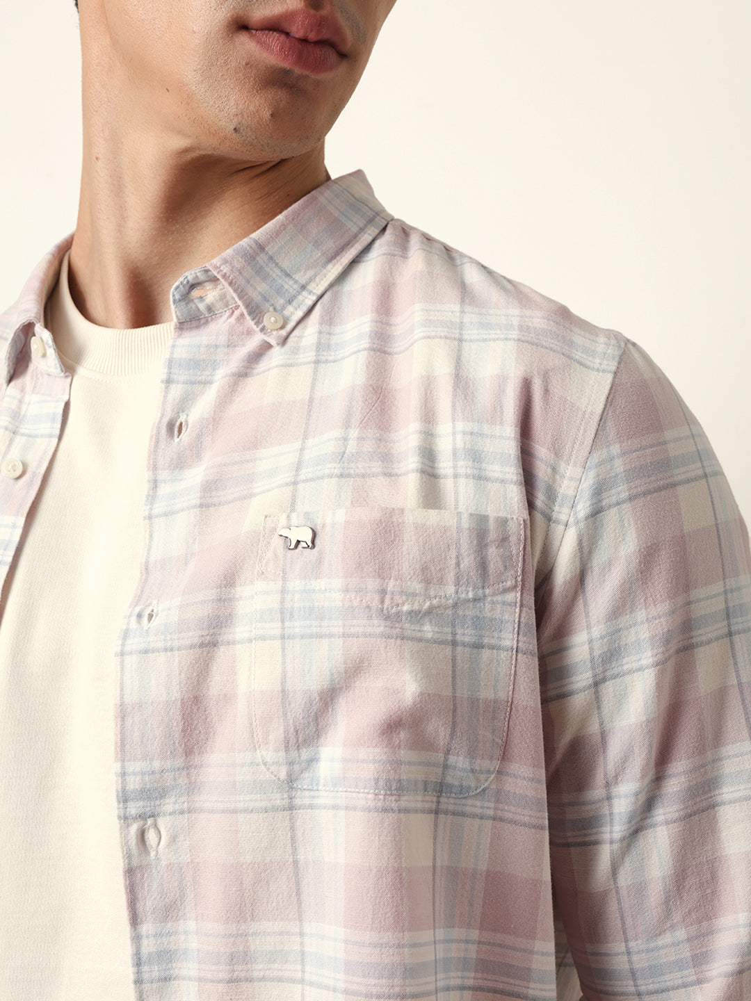 Pink with White Woven Tartan Checked Slim Fit Casual Shirt