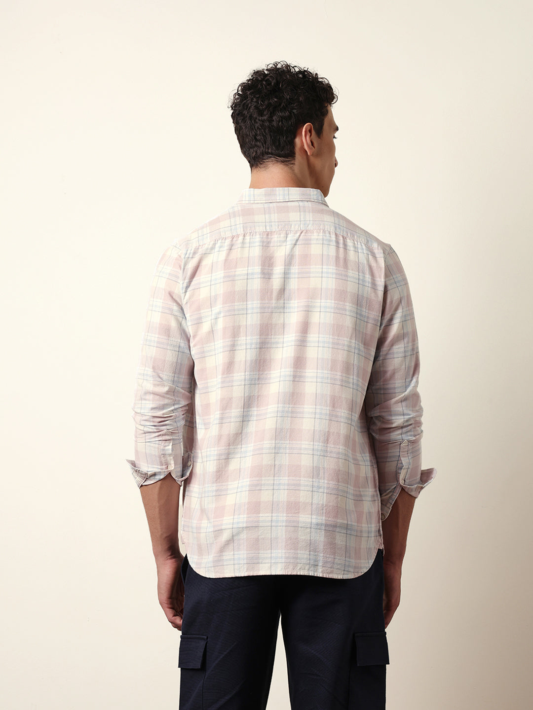 Pink with White Woven Tartan Checked Slim Fit Casual Shirt