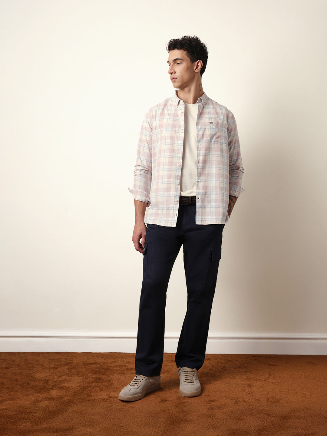 Pink with White Woven Tartan Checked Slim Fit Casual Shirt