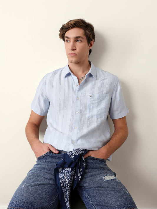 Blue Vertical Stripe Dobby Woven Regular Fit Casual Shirt