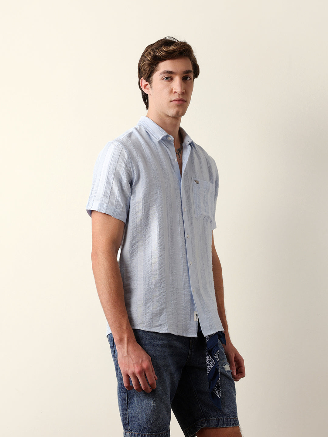 Blue Vertical Stripe Dobby Woven Regular Fit Casual Shirt
