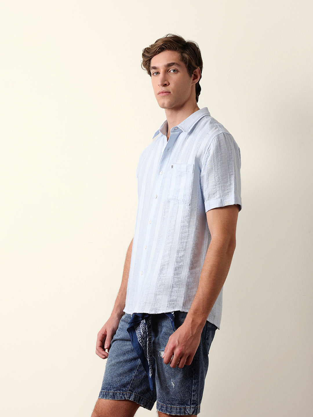 Blue Vertical Stripe Dobby Woven Regular Fit Casual Shirt