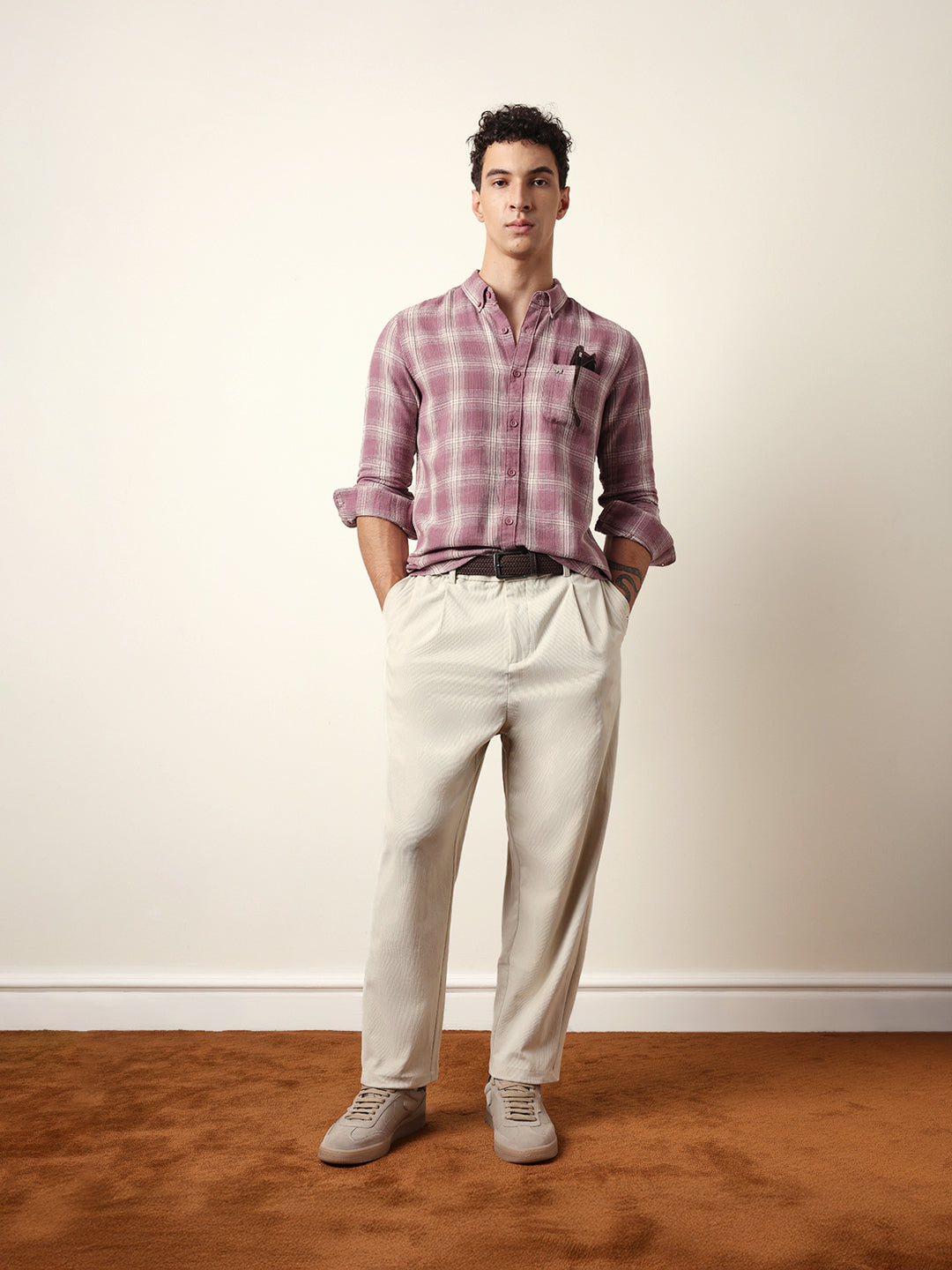 Pink Woven Checkered Slim Fit Casual Shirt