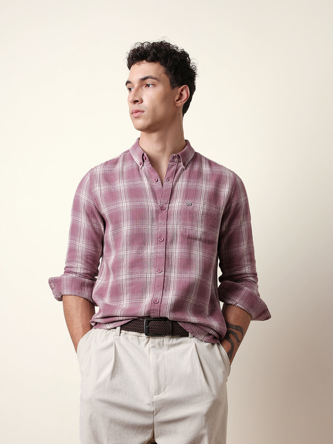 Pink Woven Checkered Slim Fit Casual Shirt