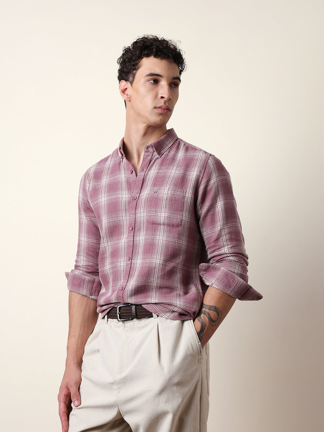 Pink Woven Checkered Slim Fit Casual Shirt