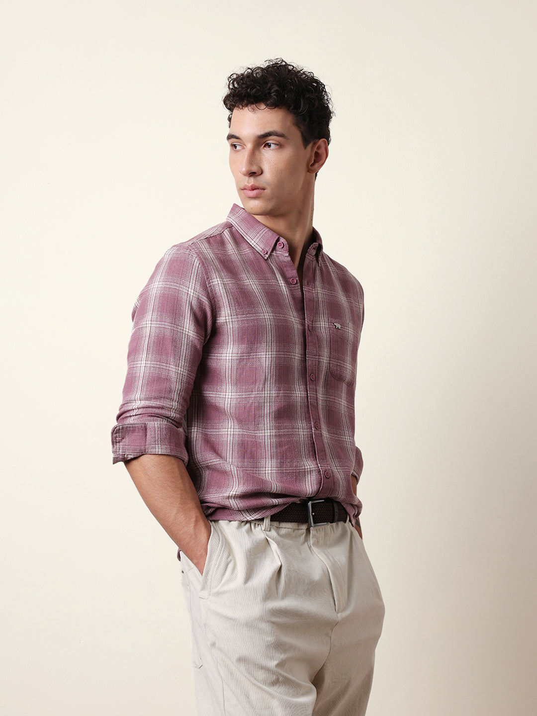 Pink Woven Checkered Slim Fit Casual Shirt