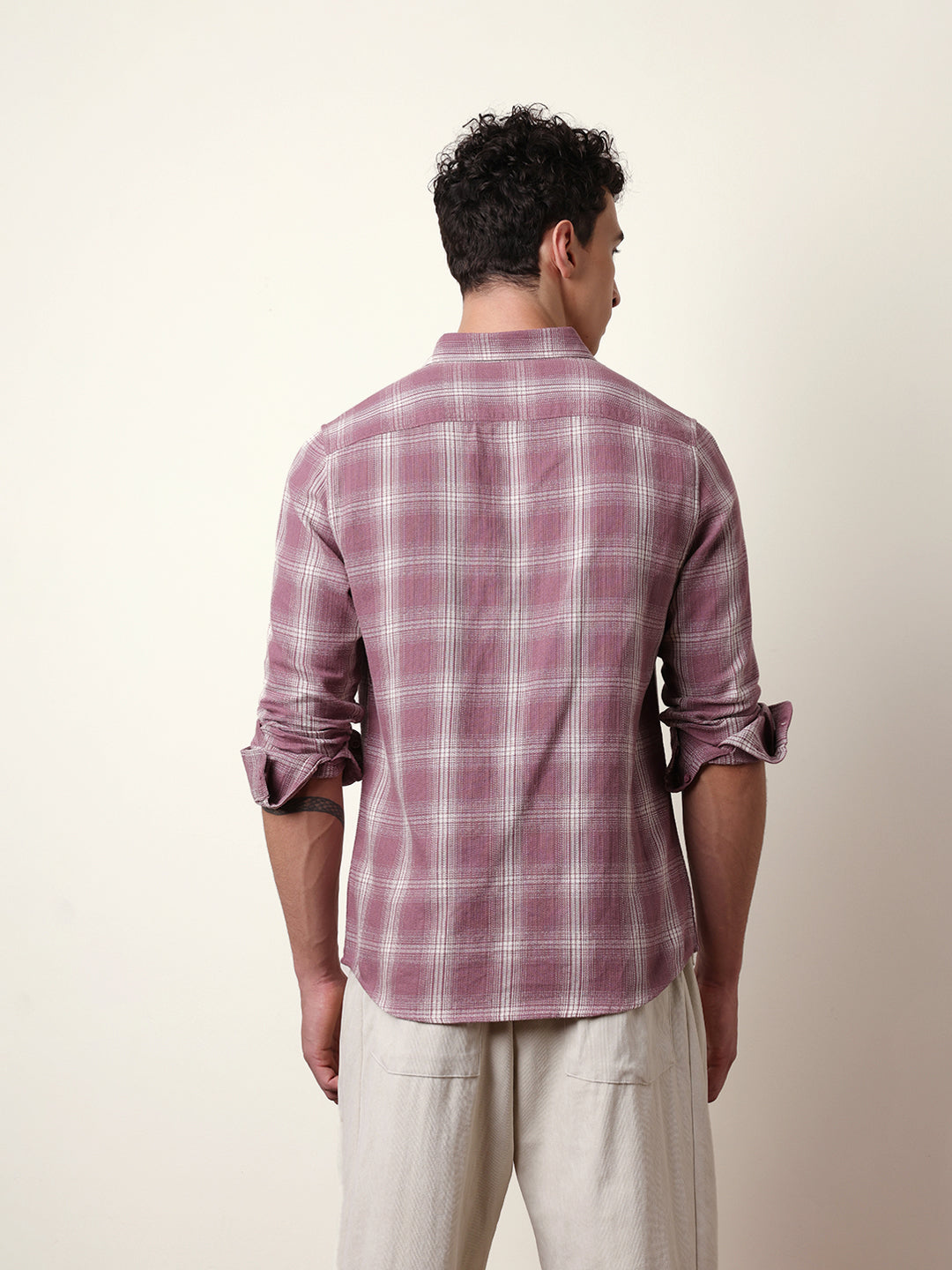 Pink Woven Checkered Slim Fit Casual Shirt