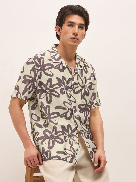 Maroon Floral Motif Print Relaxed Fit Half-Sleeve Casual Shirt