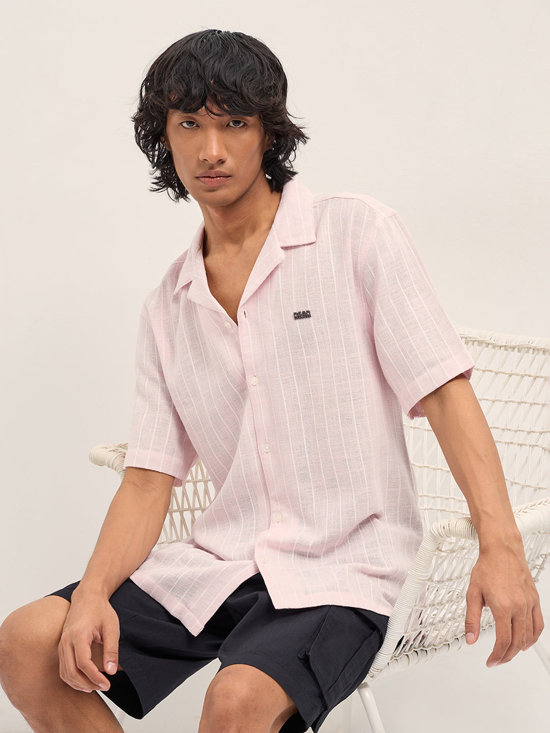 Light Pink Vertical Textured Stripe Relaxed Fit Half Sleeve Casual Shirt