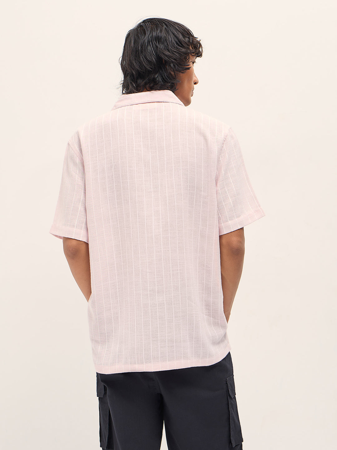Light Pink Vertical Textured Stripe Relaxed Fit Half Sleeve Casual Shirt