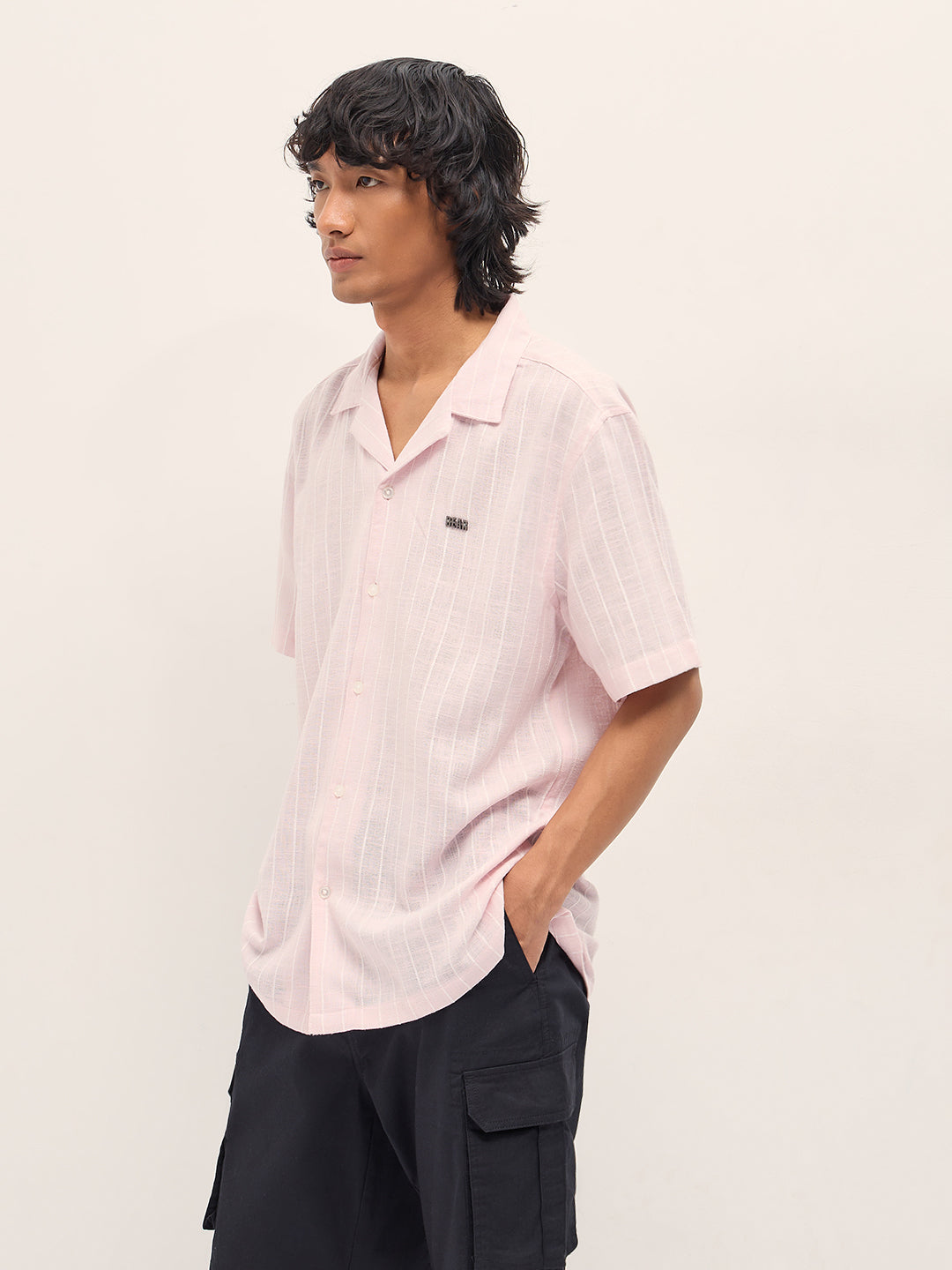 Light Pink Vertical Textured Stripe Relaxed Fit Half Sleeve Casual Shirt