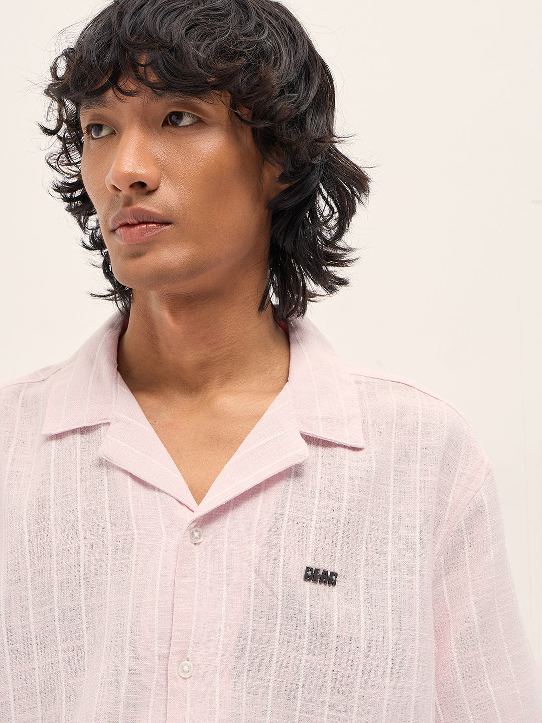 Light Pink Vertical Textured Stripe Relaxed Fit Half Sleeve Casual Shirt