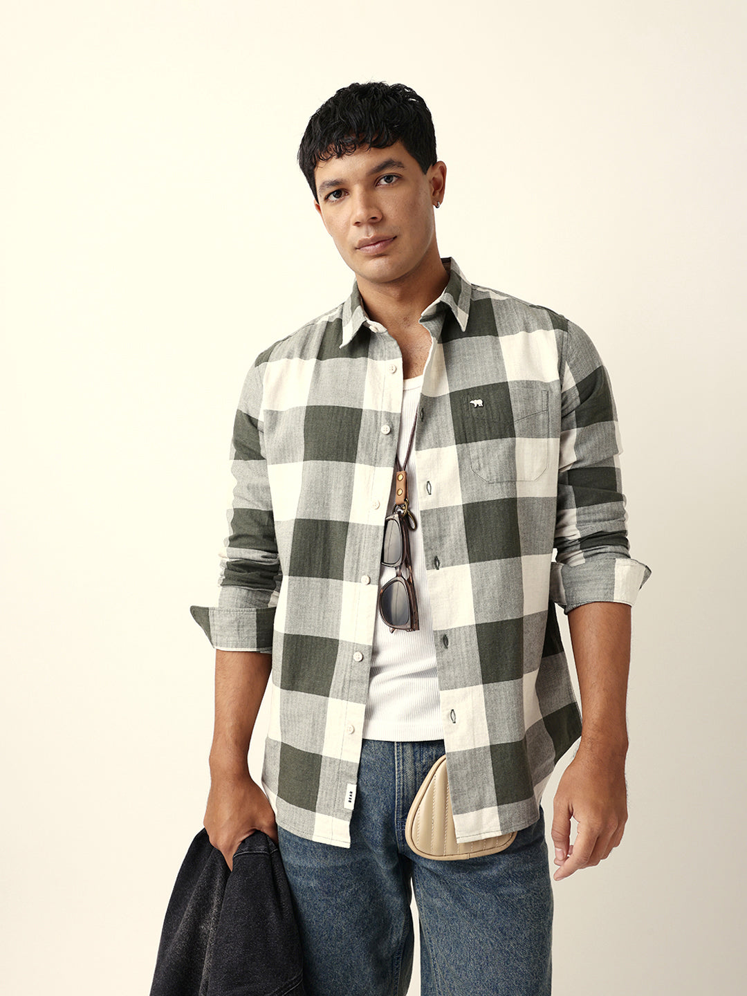Olive with Cream Woven Checks Slim Fit Casual Shirt