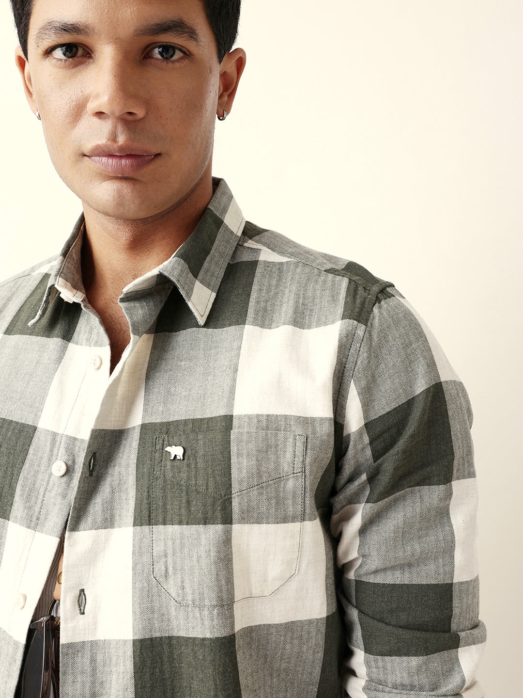 Olive with Cream Woven Checks Slim Fit Casual Shirt