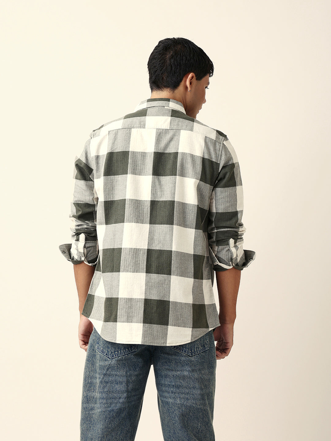 Olive with Cream Woven Checks Slim Fit Casual Shirt