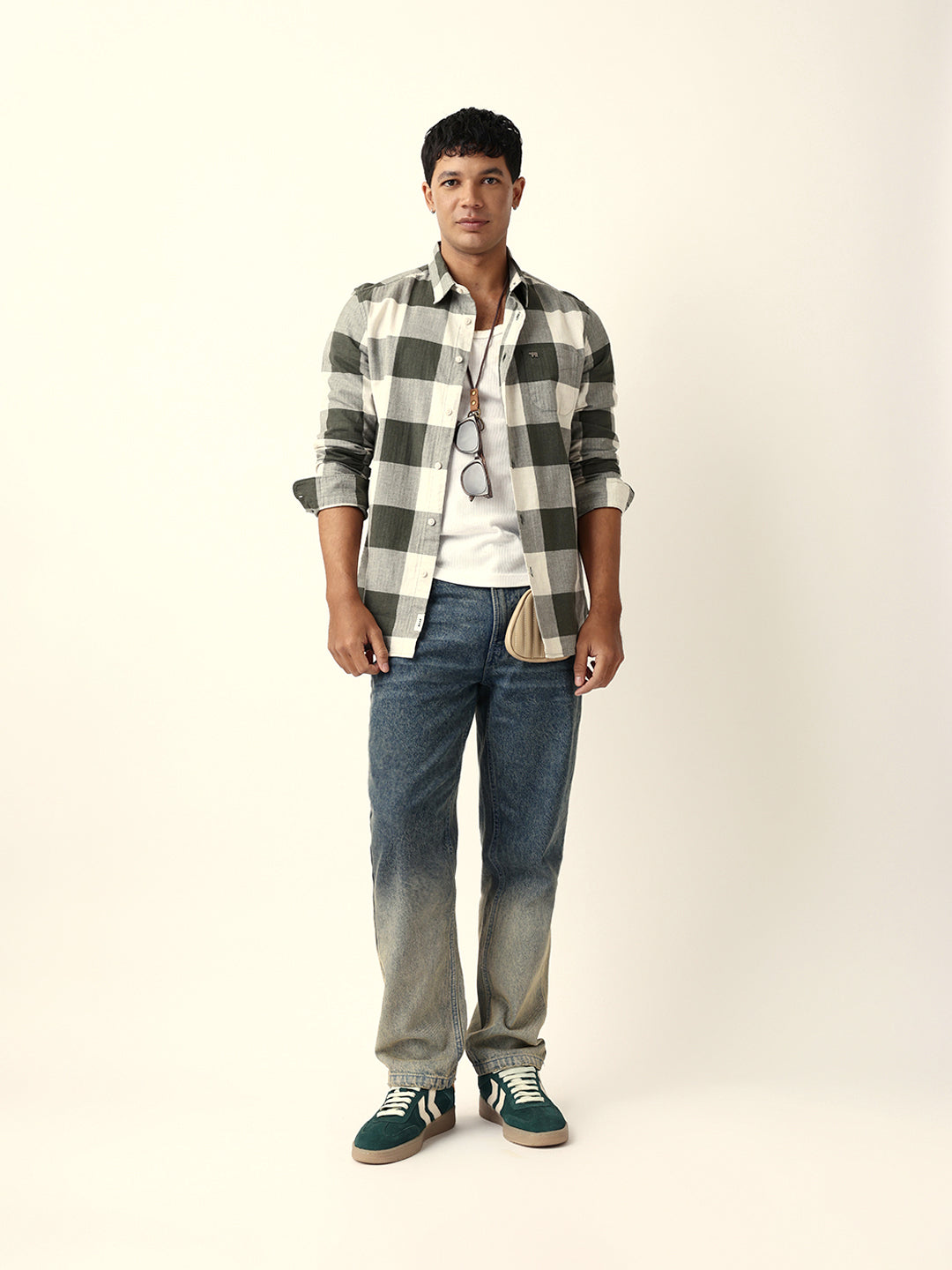 Olive with Cream Woven Checks Slim Fit Casual Shirt