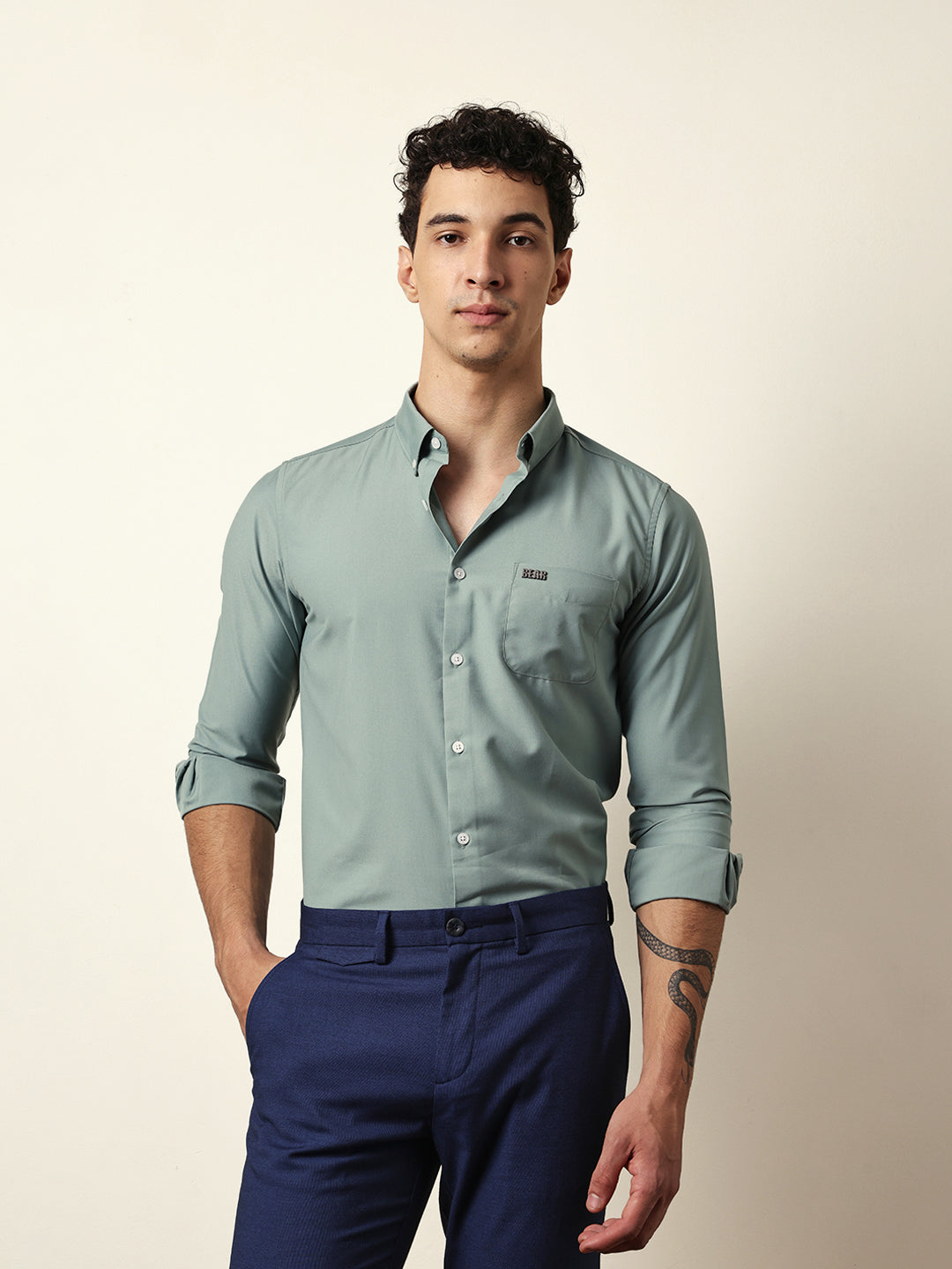 Light Green Solid Slim Fit Casual Shirt with a Classic Semi-Formal Look