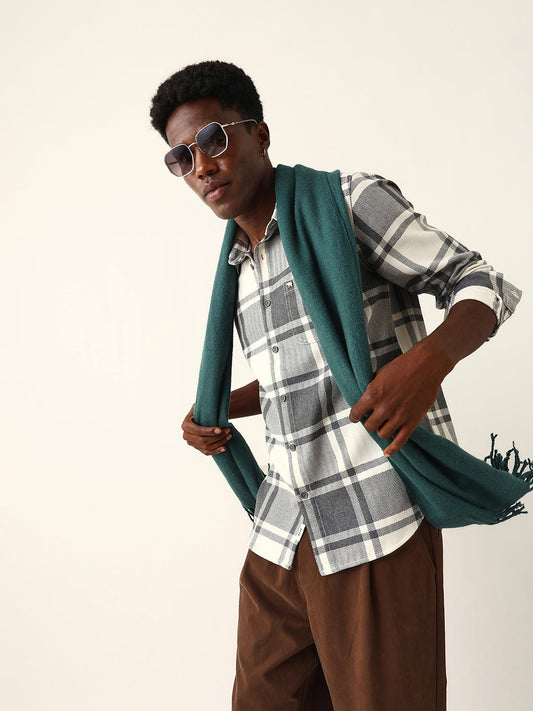White & Grey Herringbone Flannel Checked Regular Fit Casual Shirt