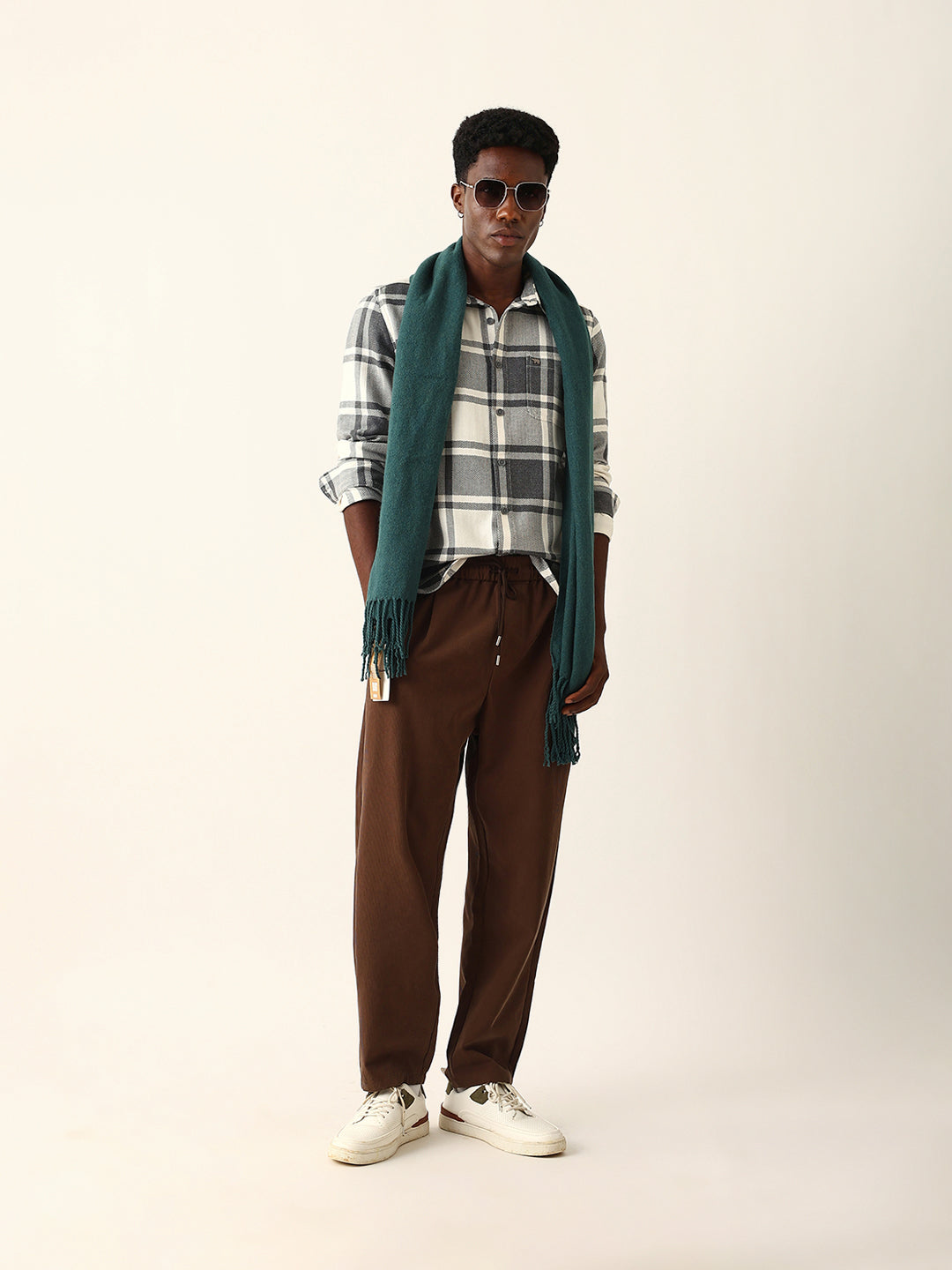White & Grey Herringbone Flannel Checked Regular Fit Casual Shirt