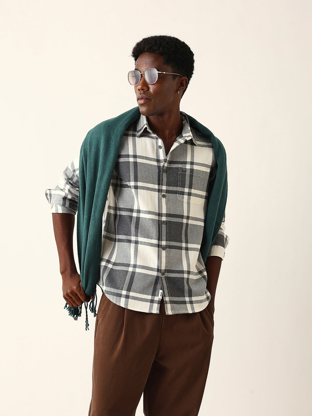 White & Grey Herringbone Flannel Checked Regular Fit Casual Shirt
