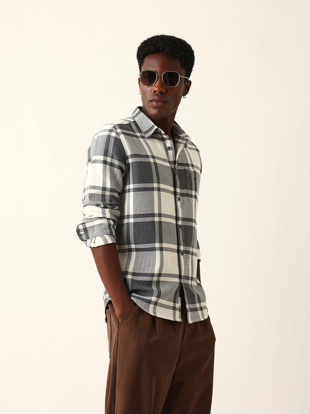 White & Grey Herringbone Flannel Checked Regular Fit Casual Shirt