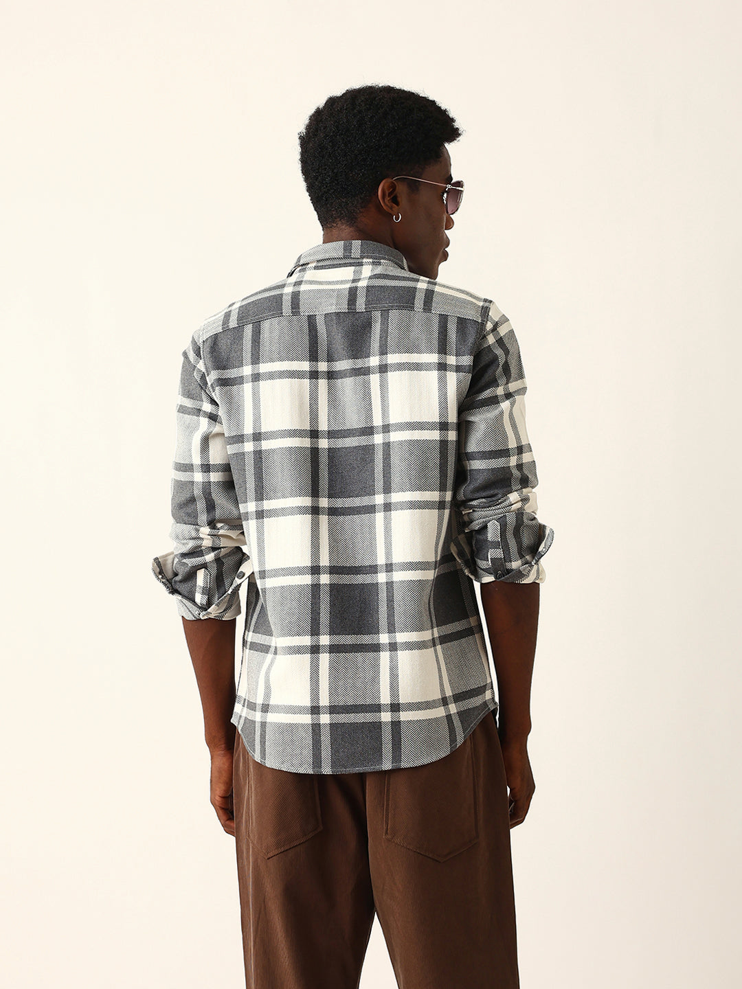 White & Grey Herringbone Flannel Checked Regular Fit Casual Shirt