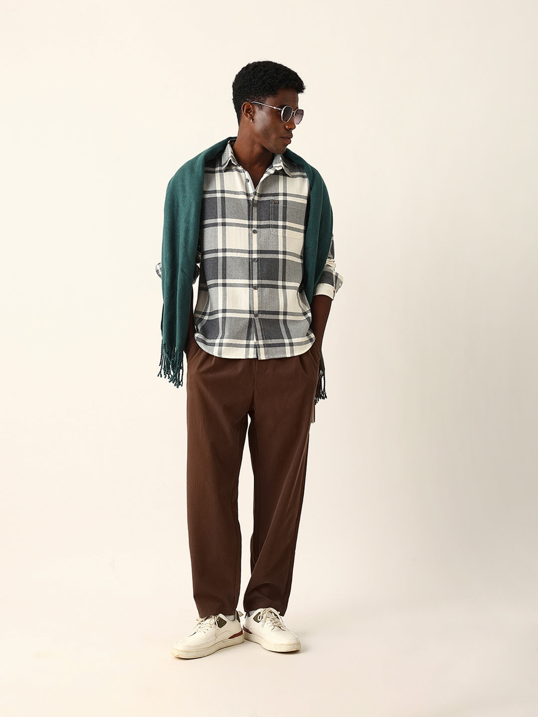 White & Grey Herringbone Flannel Checked Regular Fit Casual Shirt