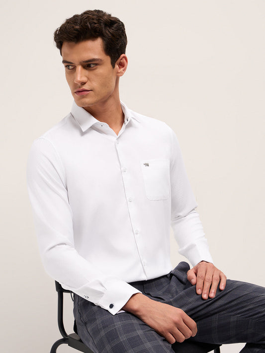 White Woven Micro Check Tailored Fit Formal Shirt with French Cuffs