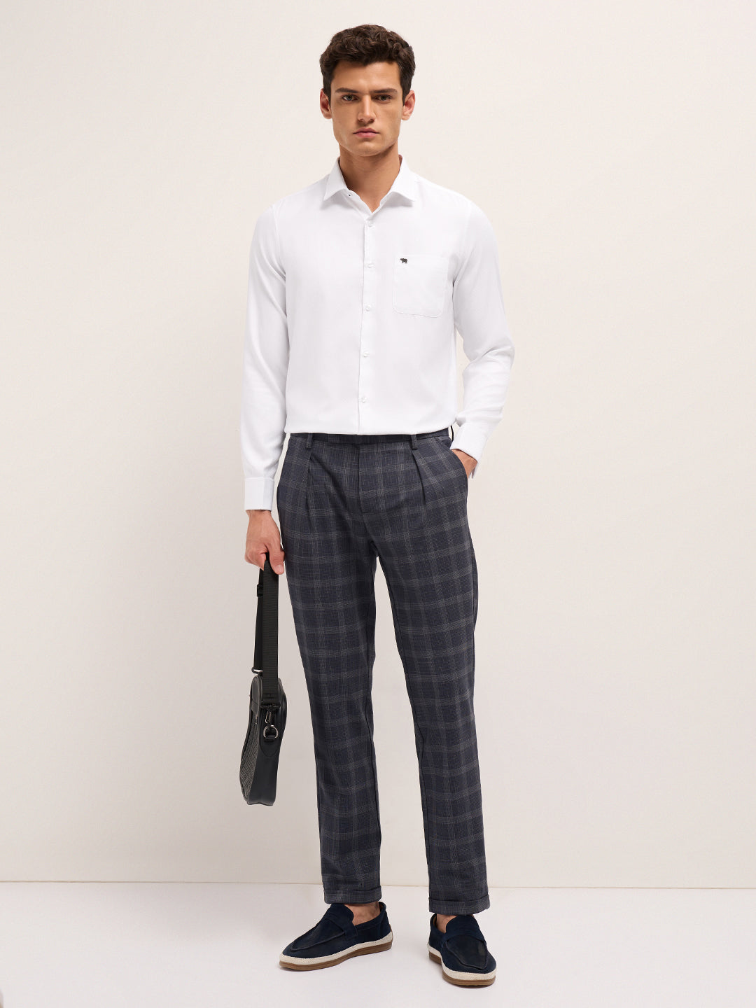 White Woven Micro Check Tailored Fit Formal Shirt with French Cuffs
