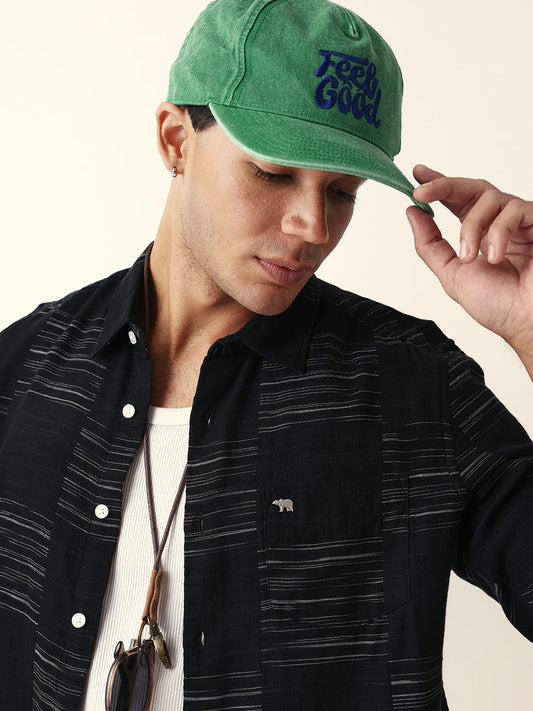 Black Woven Patch Block Check Slim Fit Casual Shirt