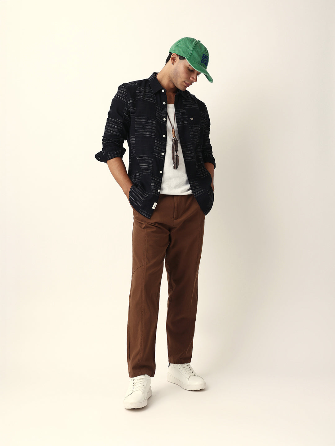Black Woven Patch Block Check Slim Fit Casual Shirt