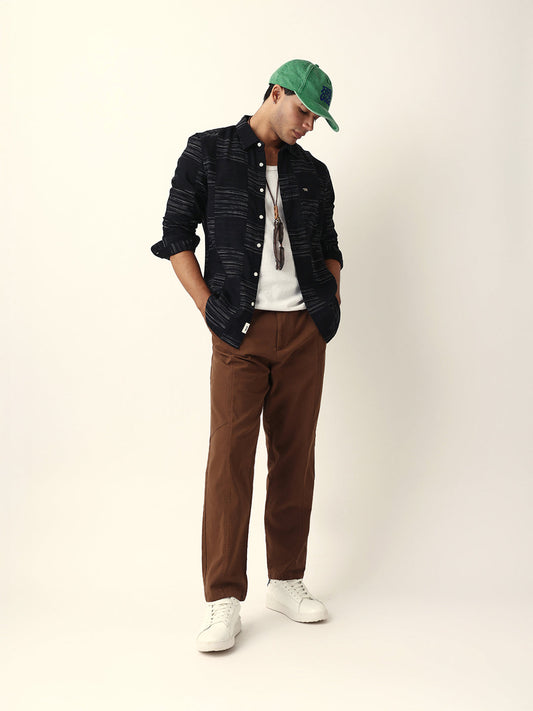 Black Woven Patch Block Check Slim Fit Casual Shirt