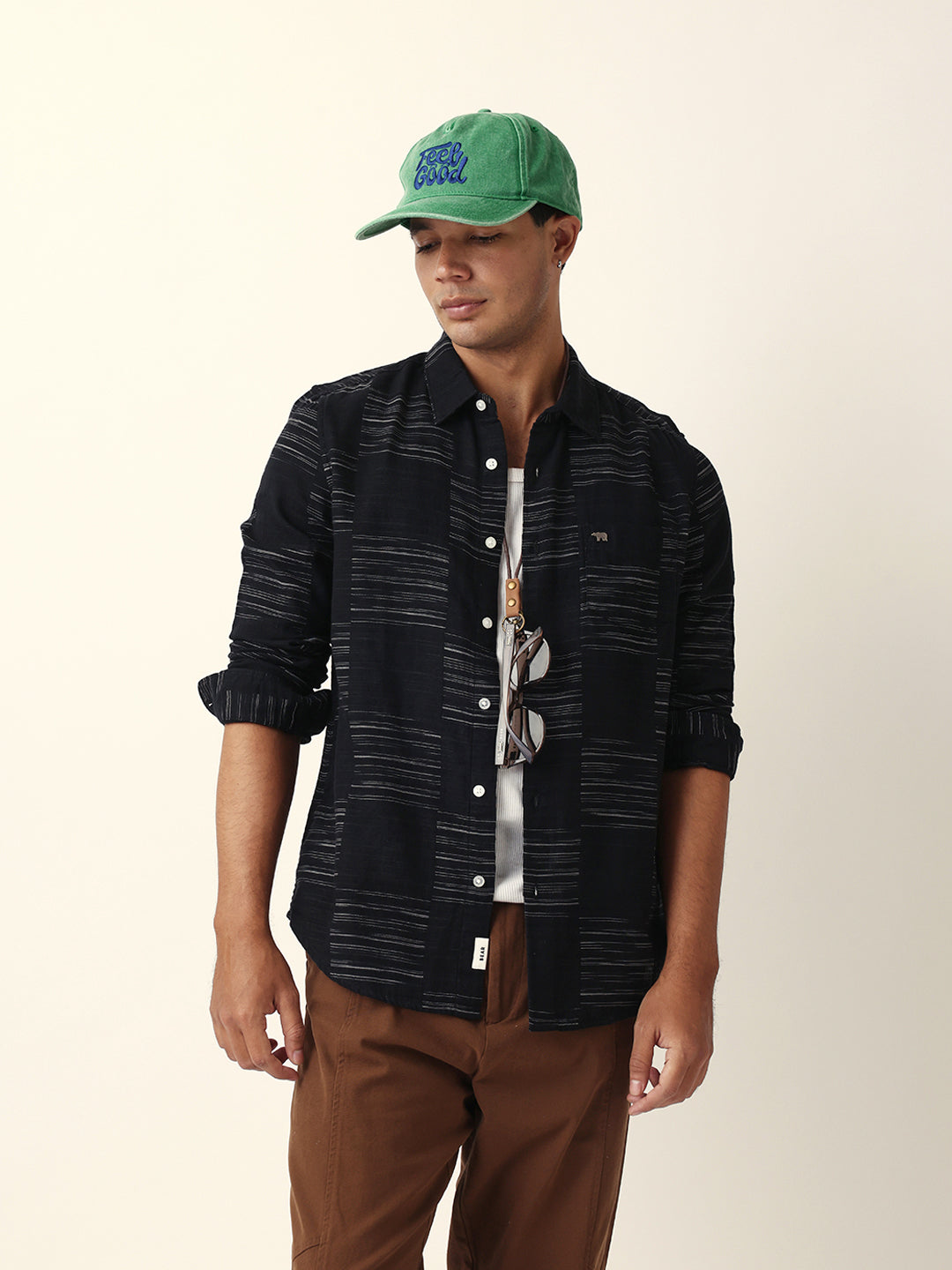 Black Woven Patch Block Check Slim Fit Casual Shirt