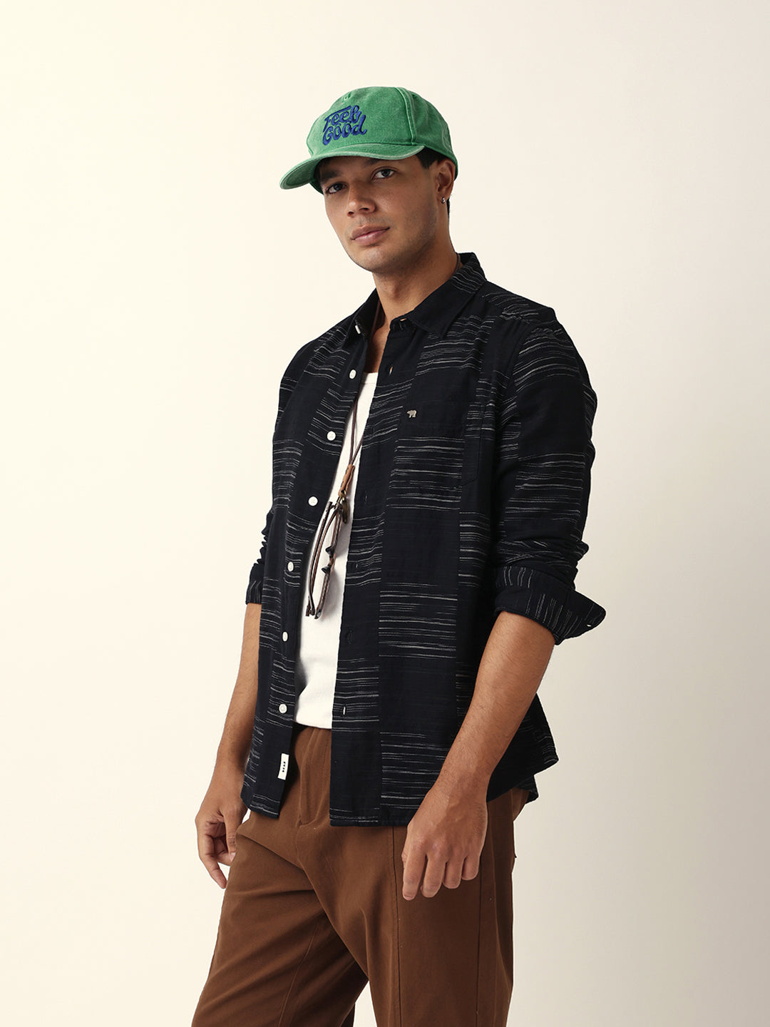 Black Woven Patch Block Check Slim Fit Casual Shirt