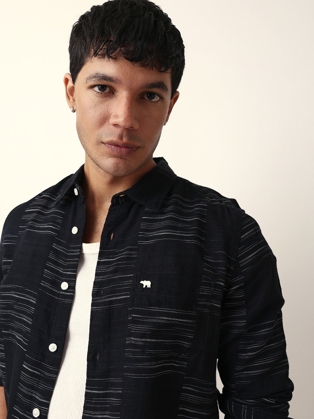 Black Woven Patch Block Check Slim Fit Casual Shirt
