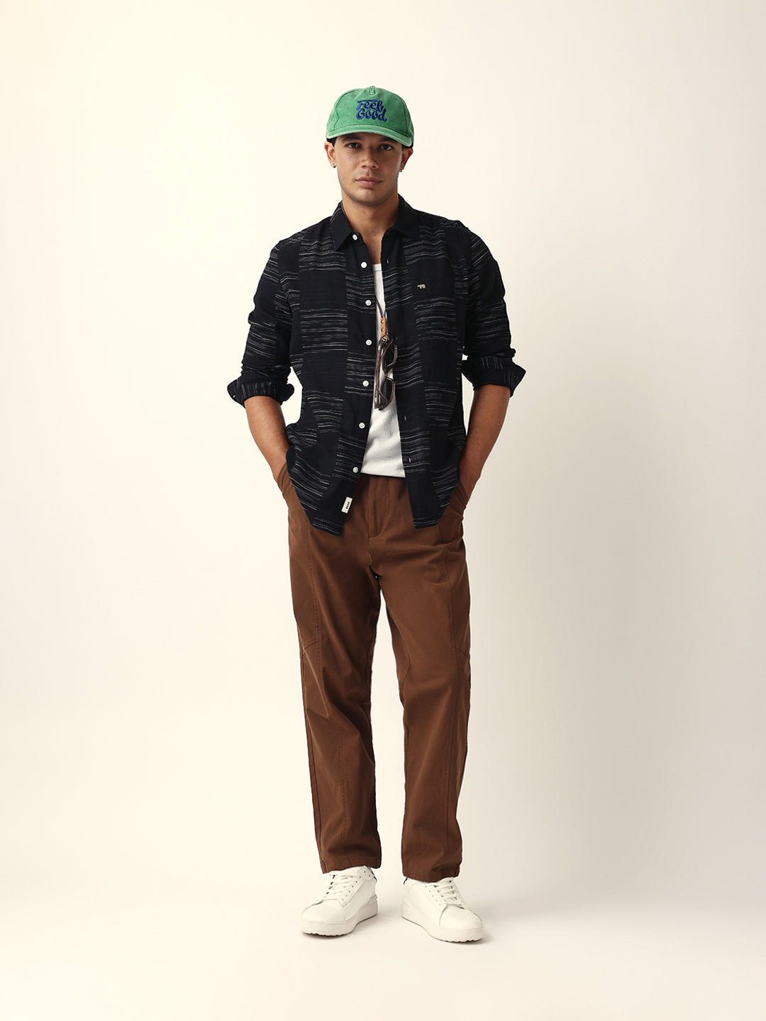 Black Woven Patch Block Check Slim Fit Casual Shirt