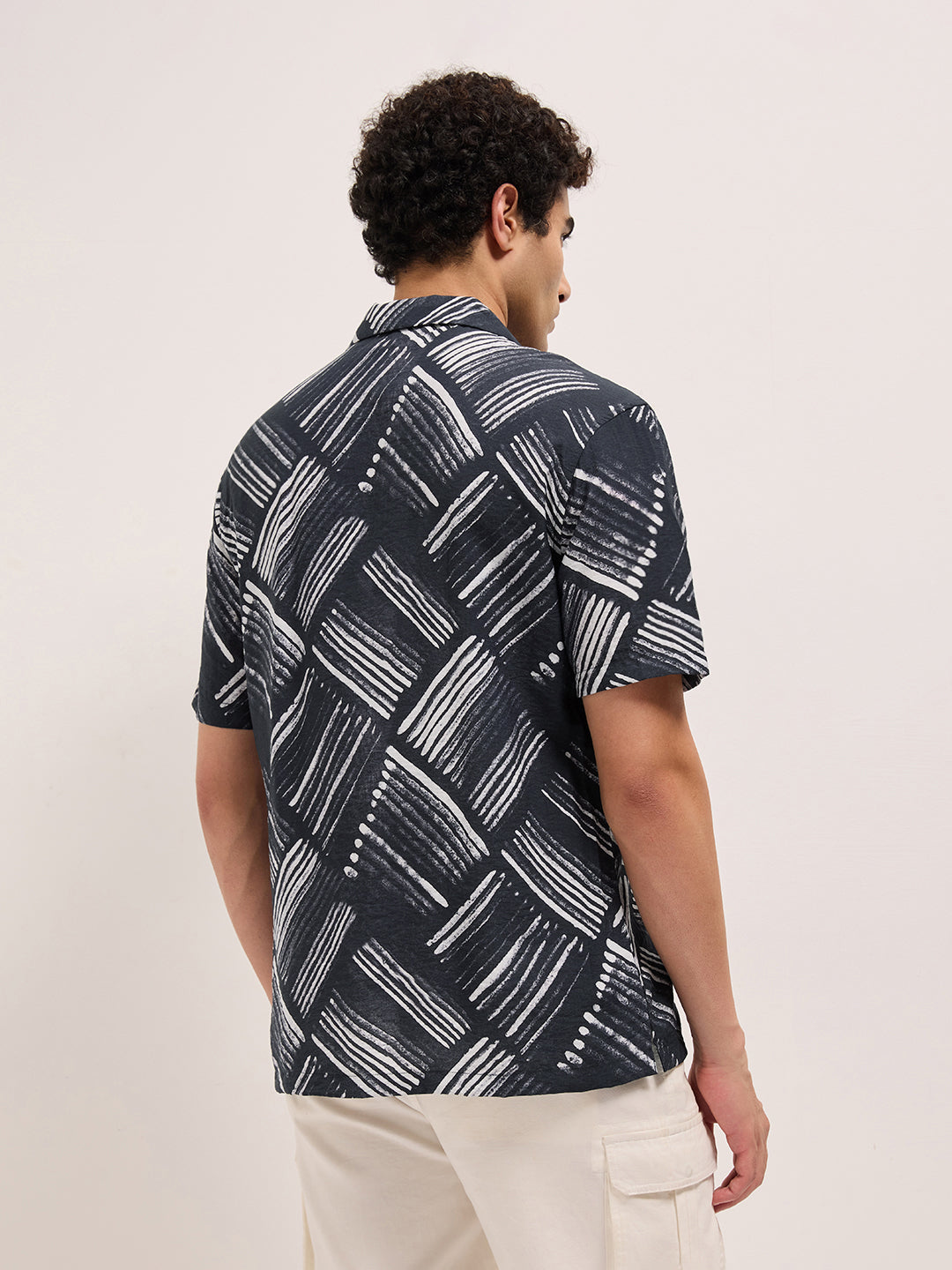 Black Abstract Brushstroke Printed Relaxed Fit Cuban Collar Casual Shirt
