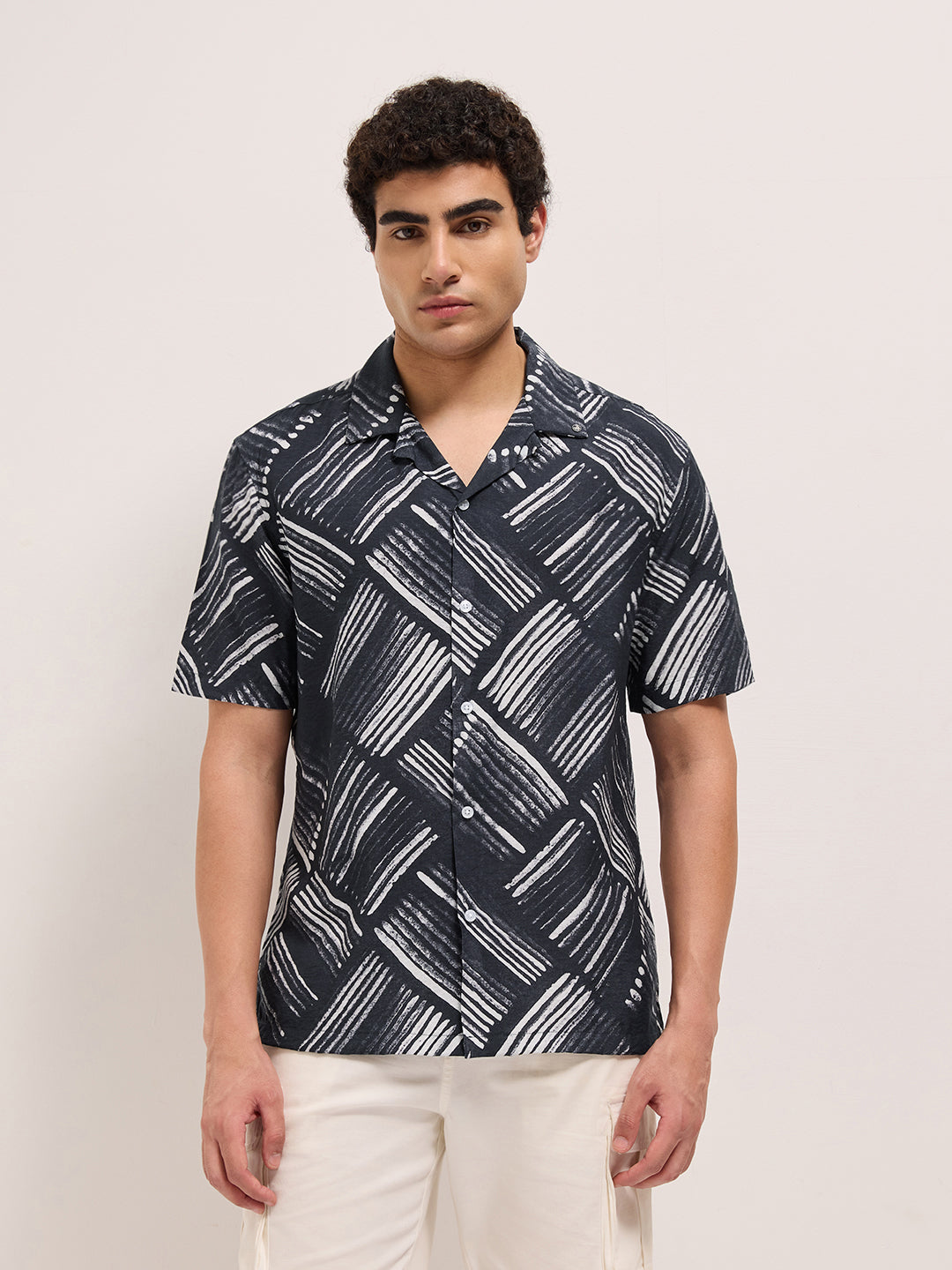 Black Abstract Brushstroke Printed Relaxed Fit Cuban Collar Casual Shirt