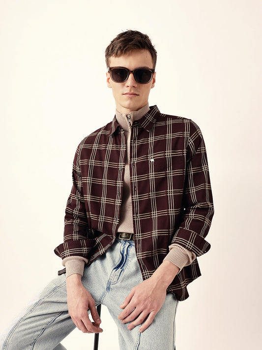 Brown Regular Fit Woven Checked Casual Shirt