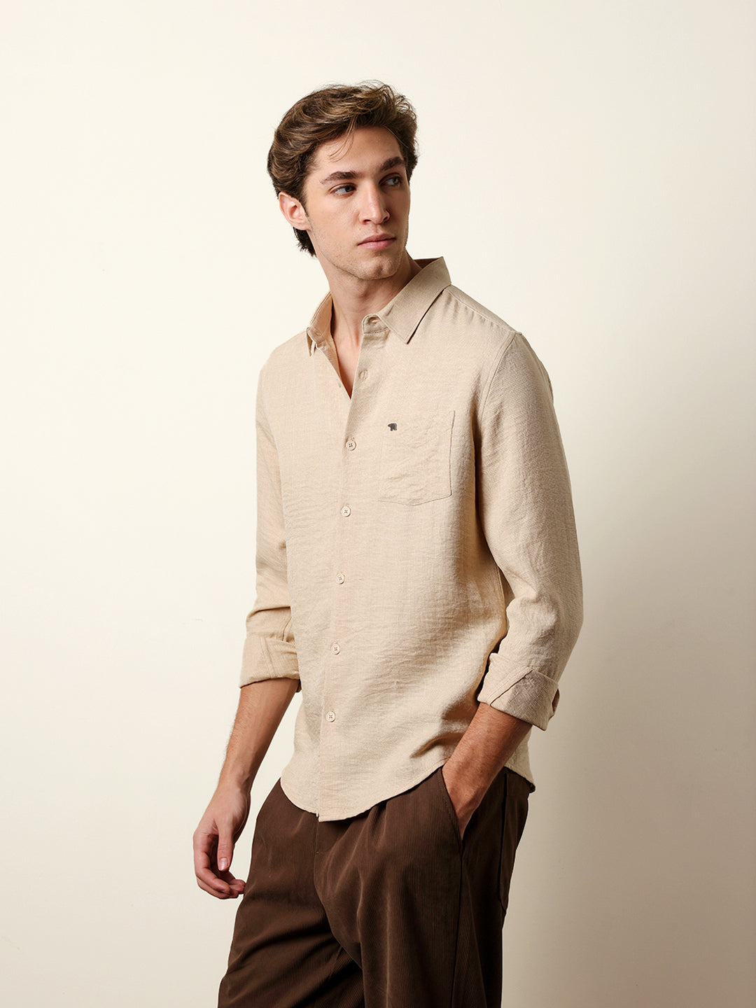 Beige Woven Solid Slim Fit Casual Shirt