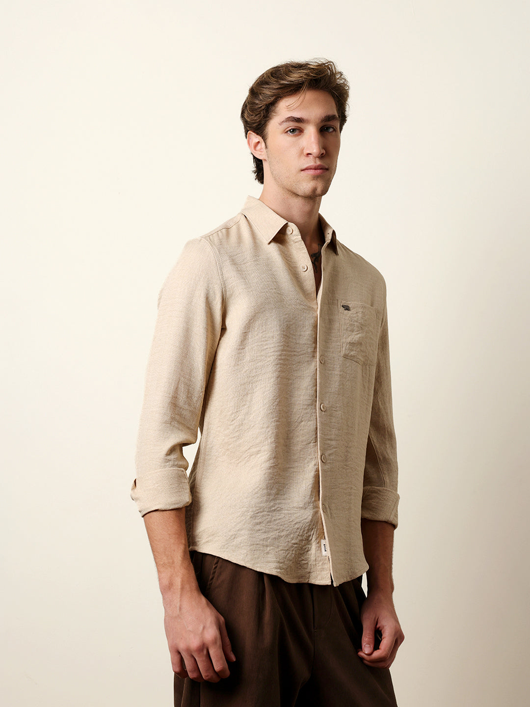 Beige Woven Solid Slim Fit Casual Shirt